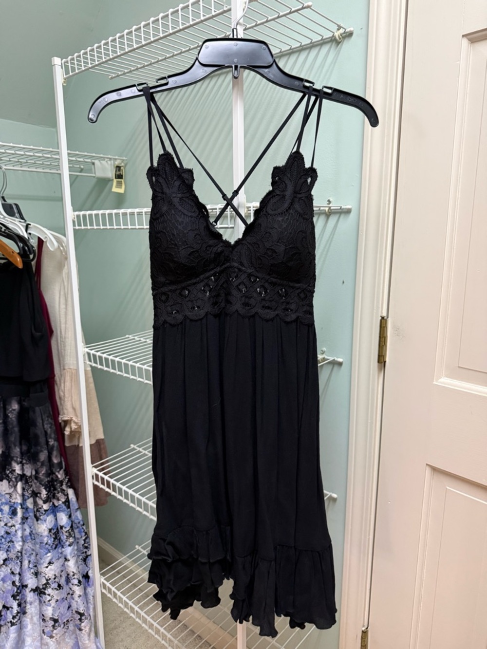Black Lace-Top Mini Dress with Ruffled Hem